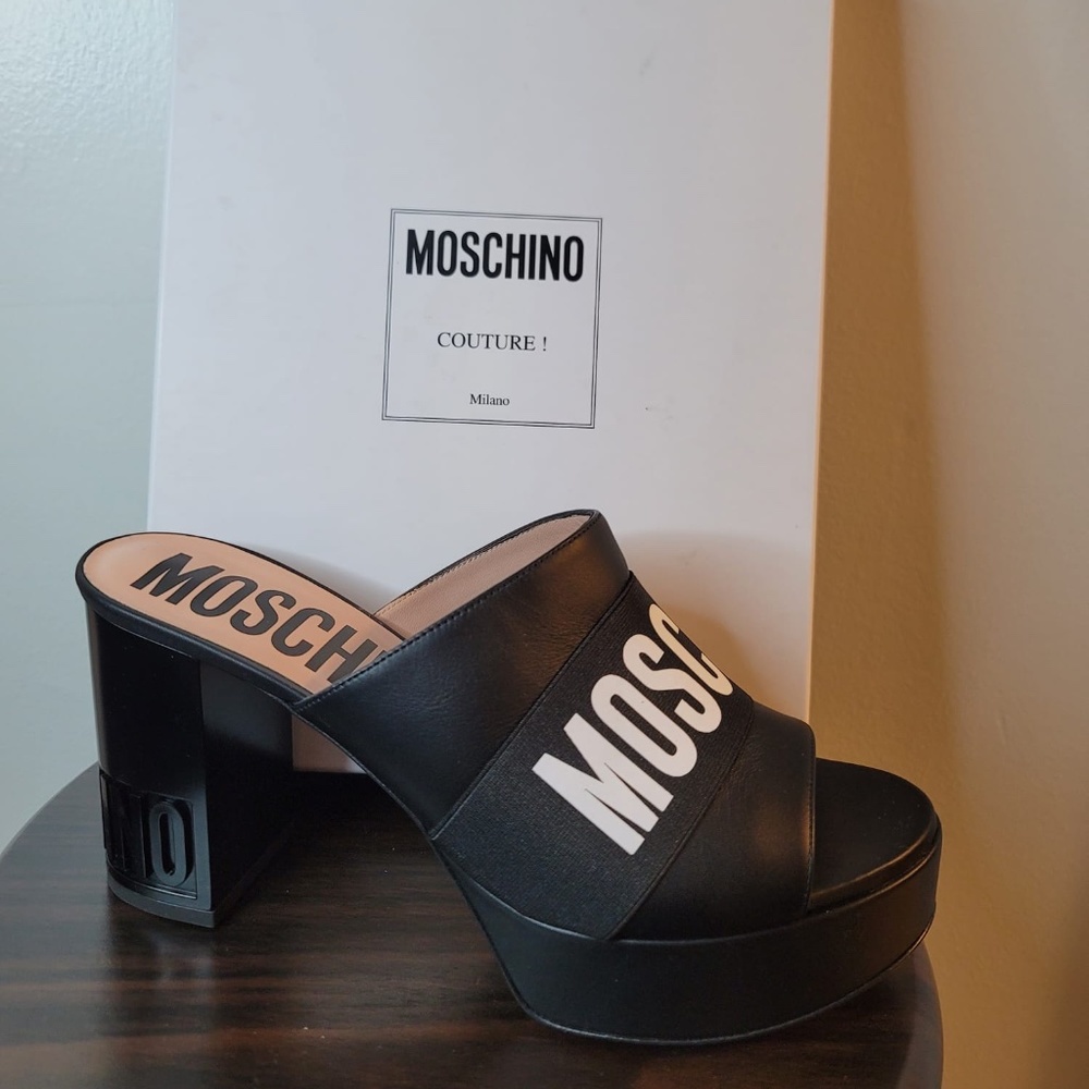 Mochino Open Toe Platform Mule Pumps Black leather Size 40 (US Size 10)